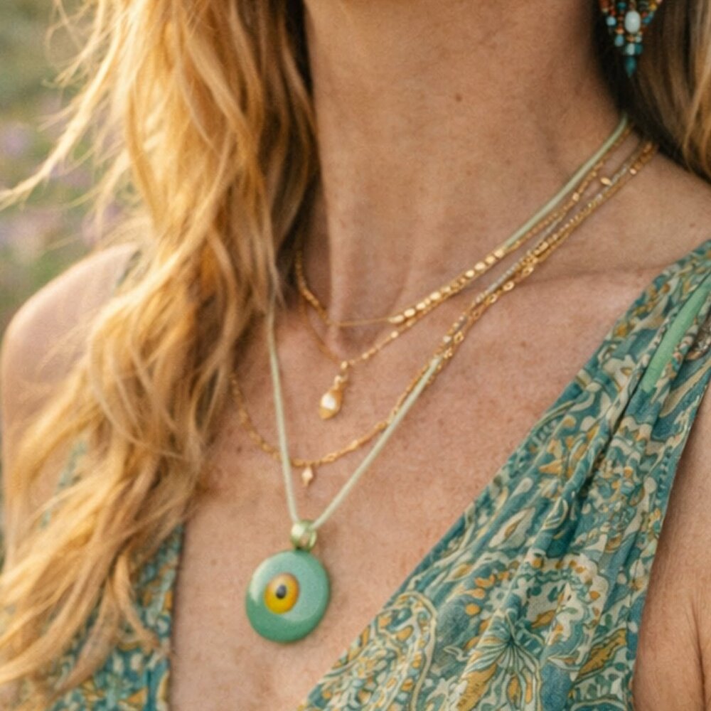 Evil Eye green Glass Boho Chic Bohemian Handmade Protection Lucky Pendant